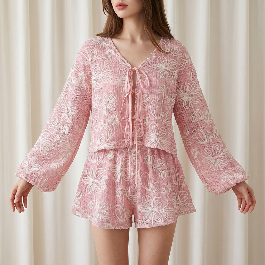 FitiqueFit V-neck long sleeve lace-up top and matching shorts two-piece set, casual stylish outfit for women.