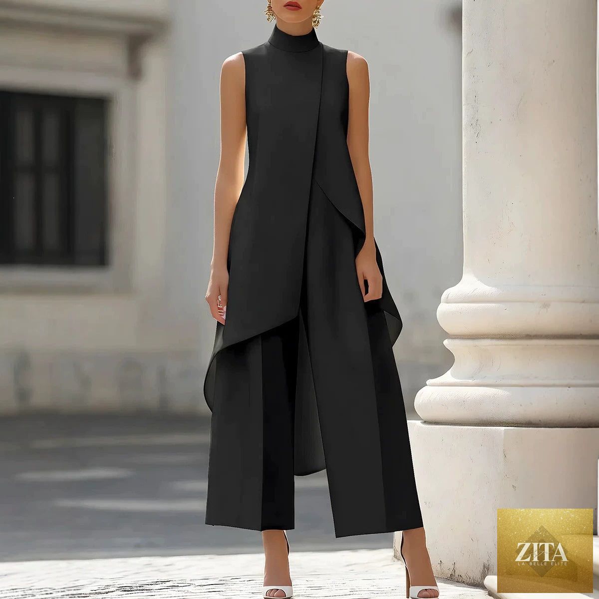 Women's Mock Turtleneck Sleeveless Asymmetric Cascade Drape Longline Top & Wide-Leg Cropped Trouser Set
