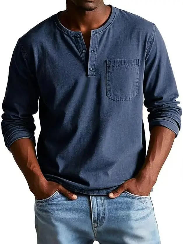 Men's V-neck Long-sleeved Pullover Top with Button Design