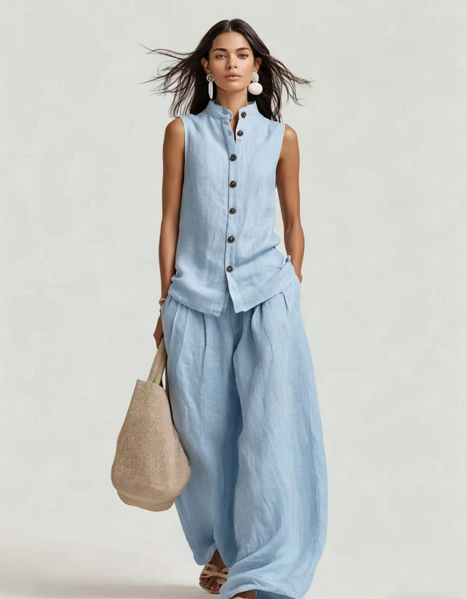 Women's casual sleeveless top and high-waist wide-leg pants set by FitiqueFit, featuring a stand collar and relaxed fit.