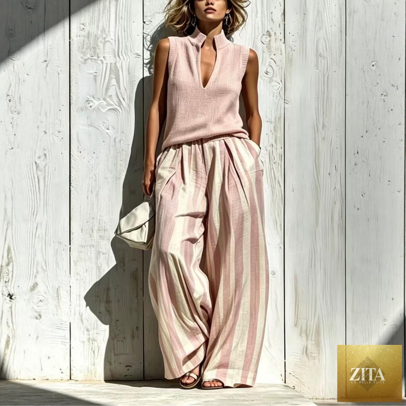 Women's Textured Knit V-Notch Stand Collar Tank & Striped Wide-Leg Palazzo Pants Set