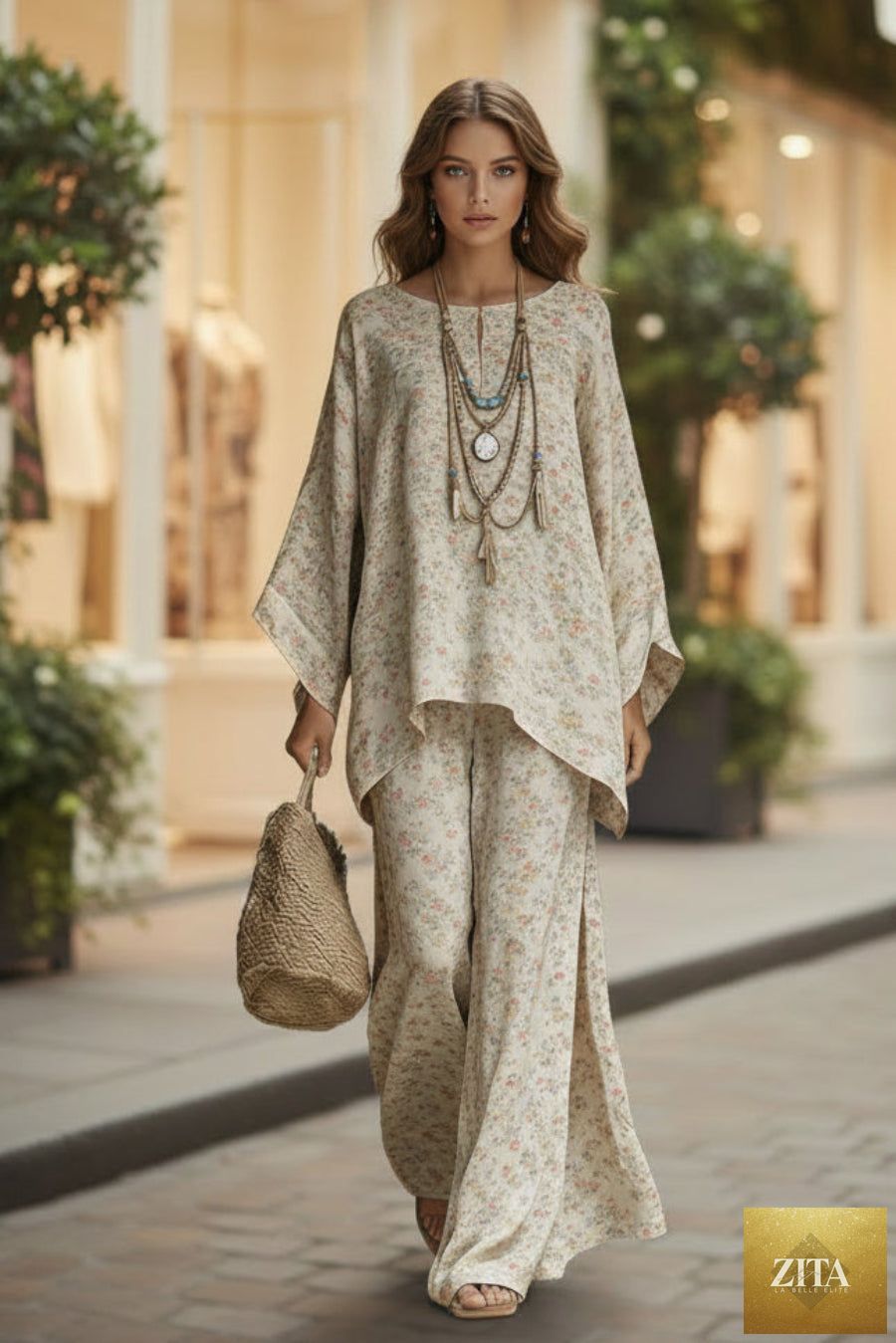 Floral print bamboo linen two-piece set with wide-leg pants by MERIDGE, featuring a vibrant floral pattern and relaxed fit.