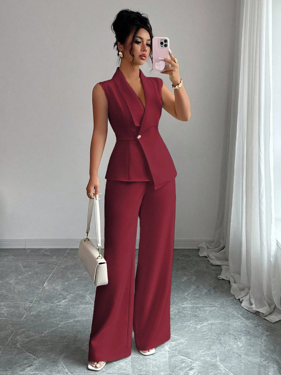 Women's sleeveless blazer and straight-leg pants two-piece casualwear set by FitiqueFit, featuring a stylish sleeveless blazer and matching pants.