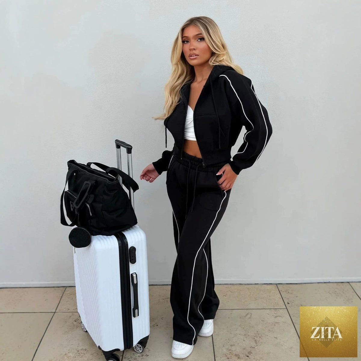 Women's Fleece Cropped Zip Hoodie & Wide-Leg Pants Set