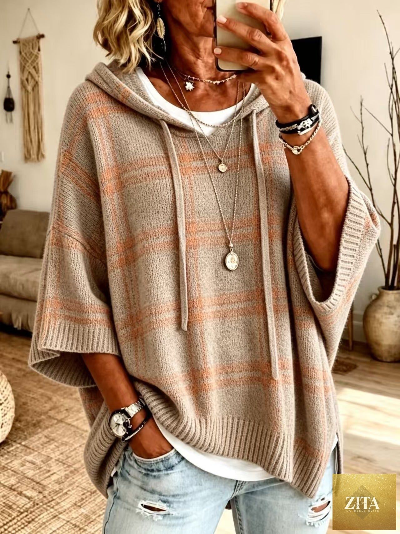 Plaid Knit Hooded Batwing Sweater
