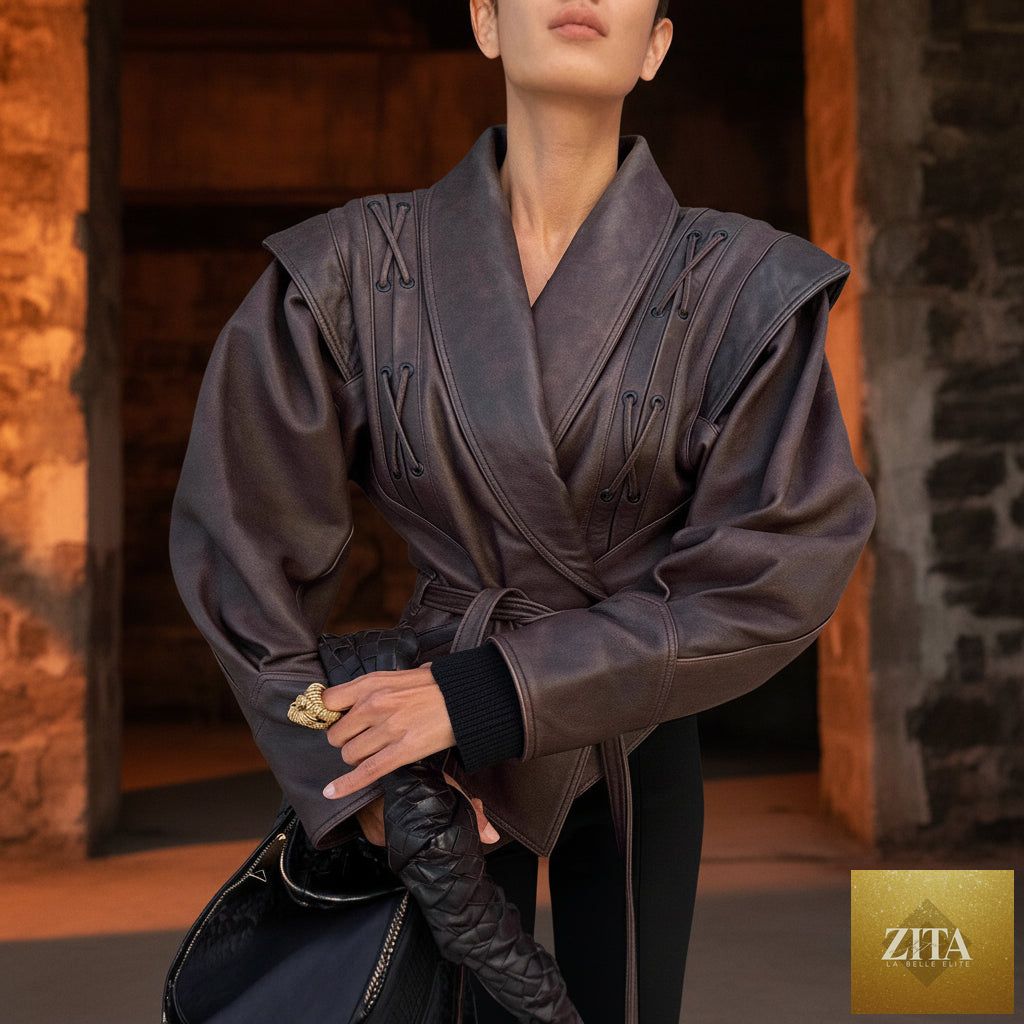 FitiqueFit PU leather strap-up short jacket with V-neck and long sleeves, stylish streetwear design.