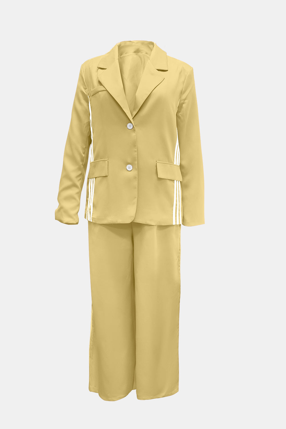 Wild and Free Boutique side striped long sleeve blazer and matching pants set, featuring a stylish tailored design and bold stripe pattern.