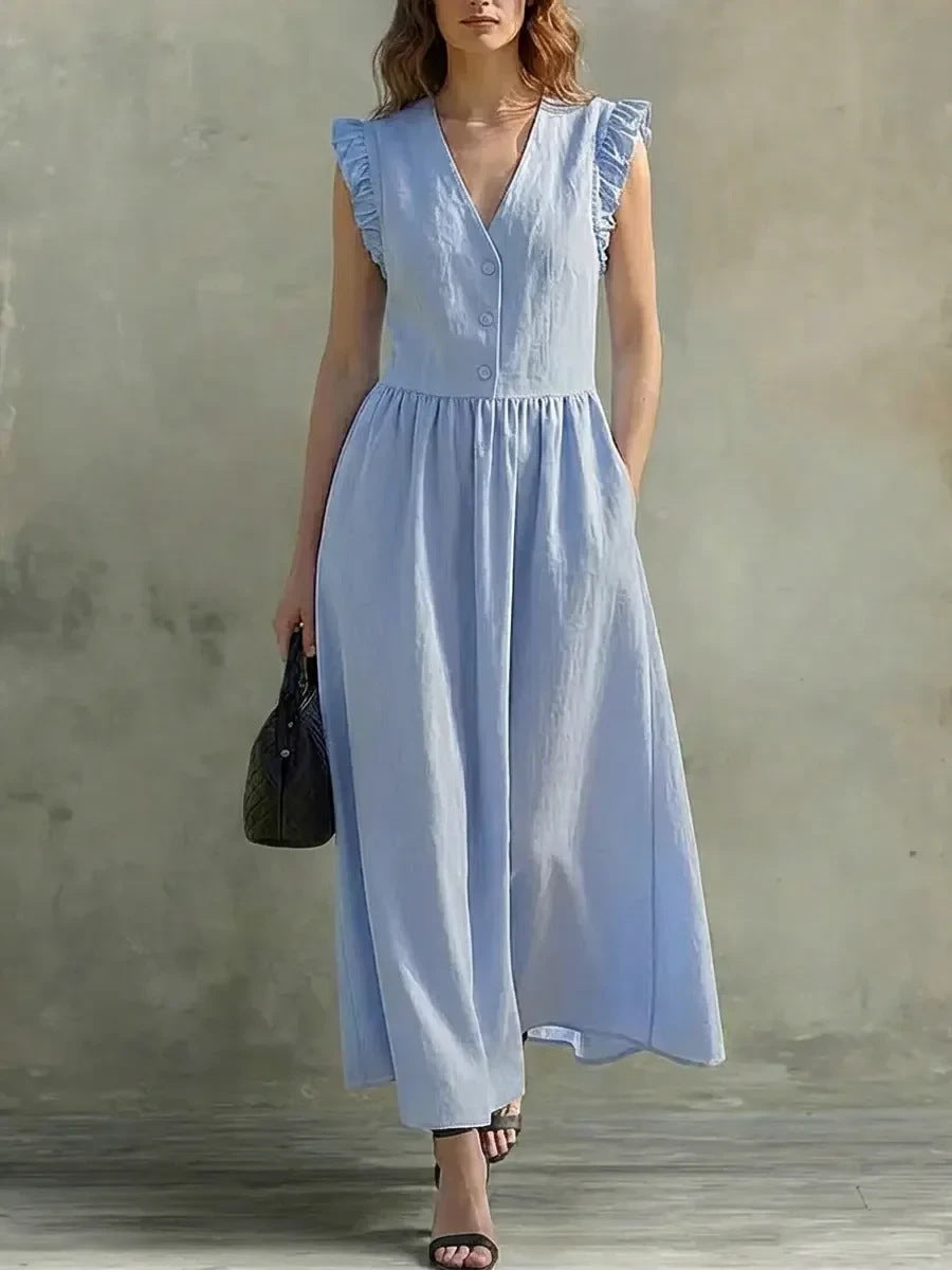 V-Neck puff-sleeve casual dress with pockets in cotton linen fabric, available in seven colors by FitiqueFit.