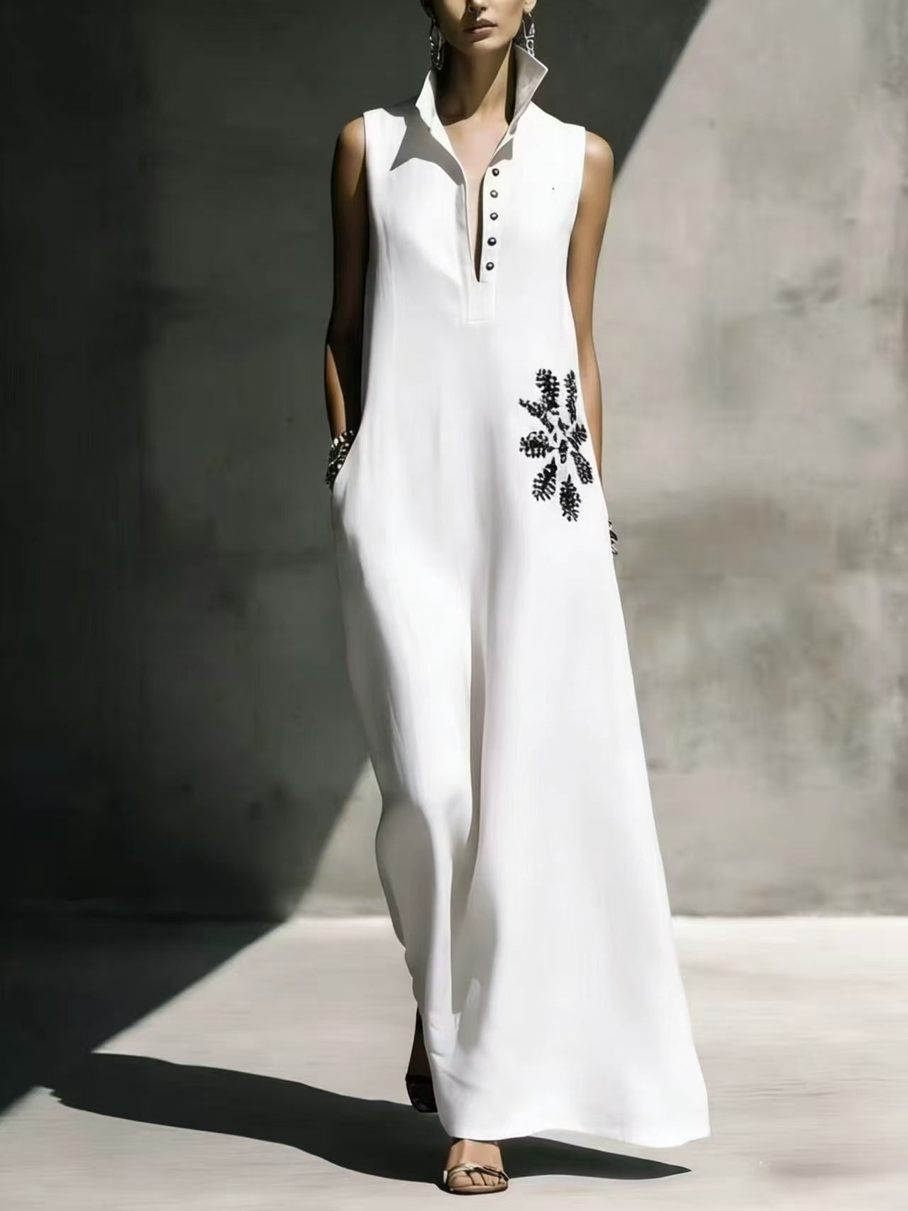 Women's cotton linen maxi dress with mandarin collar, graphic print, and pockets by FitiqueFit, perfect for casualwear.