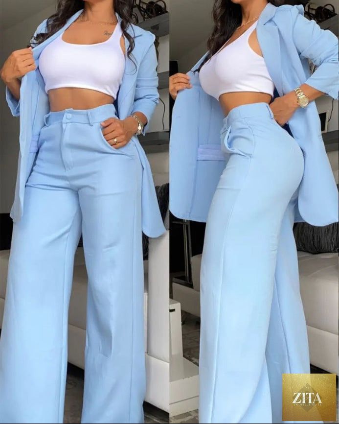 Women's Longline Open-Front Blazer & High-Waist Wide-Leg Trousers Suit Set – 8 Colors