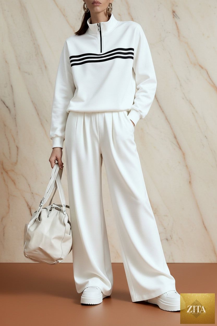 Women's Half-Zip Stripe Sweatshirt & Wide-Leg Pants Set
