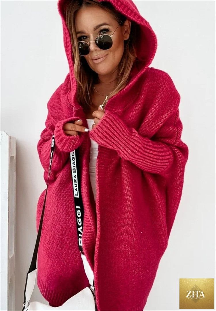 Oversized black bat sleeve hooded cardigan for women, loose fit, solid color, stylish and comfortable women's sweater from Social Buzz eSIMs.