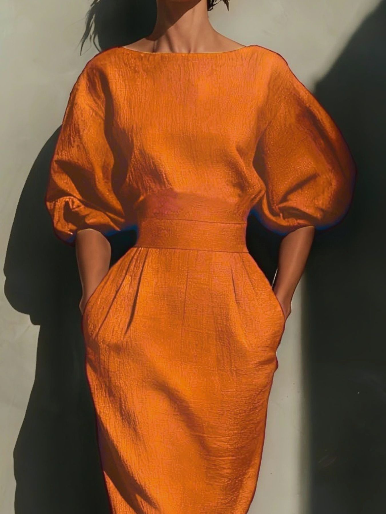 Shopiebay round neck midi dress with puff sleeves, showcasing a stylish and elegant dress design in the image.