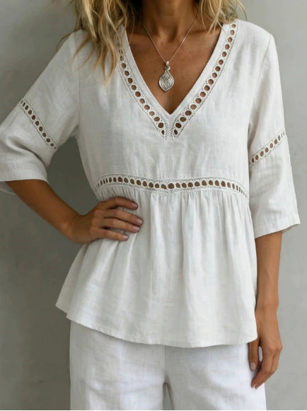 Women's V-neck hollow-out fringe cotton-linen top by FitiqueFit, featuring a casual V-neck design with fringe details and breathable fabric.