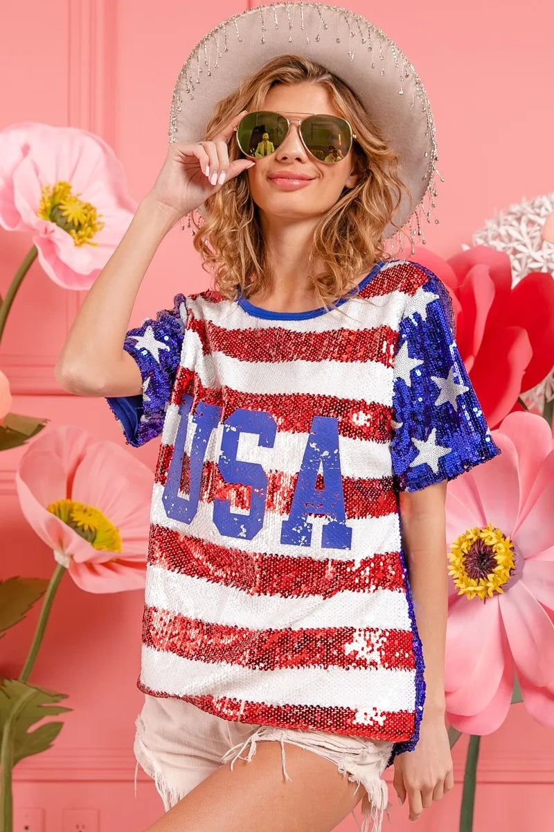 BiBi American Flag Theme USA Lettering Sequin Top