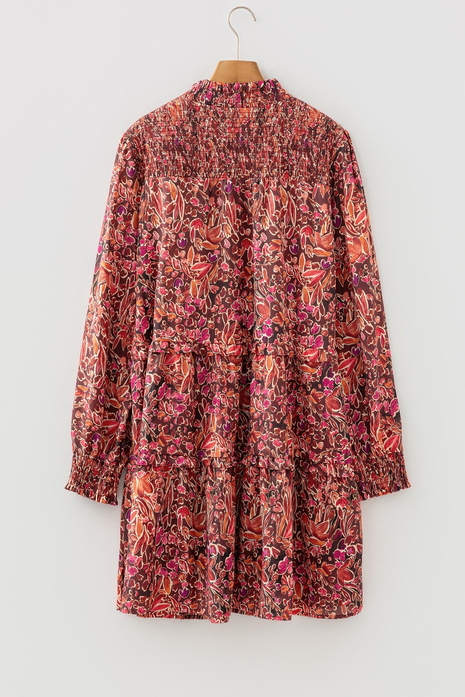 Red floral print long sleeve mini dress with shirred high neck and loose fit, by Wild and Free Boutique.