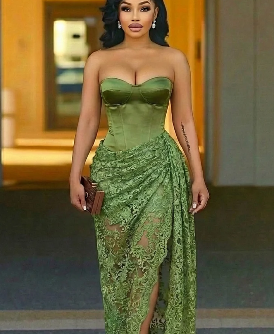 Green strapless lace patchwork maxi dress by FLIPSTYLEZLLC with a cinched waist, perfect for parties and special occasions.