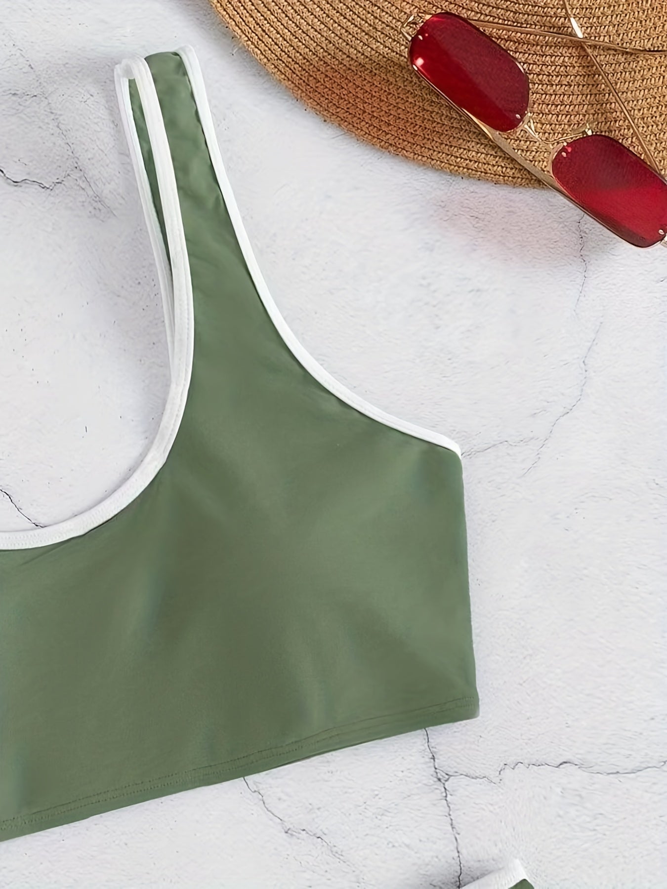 Stevvex women's bikini set with scoop neck, contrast trim, scallop edge, and matching swim briefs in solid color for beach and pool.