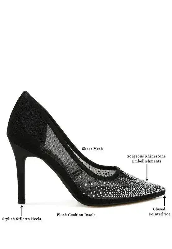Femstylo high ball mesh rhinestone stiletto pumps with pointed toes and sparkling rhinestone embellishments, stylish women's heels.