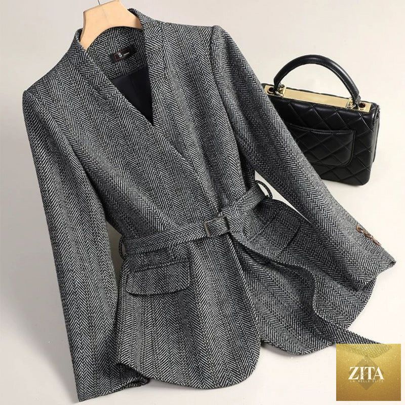 Women's sophisticated wool blazer by Sell My Stuff, tailored fit with notch lapel and stylish design, perfect for professional or casual wear.