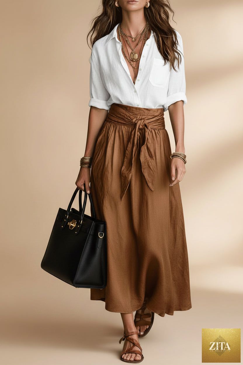 MERIDGE button-down shirt and high-waist tie skirt two-piece set displayed on a model, showcasing stylish office wear.