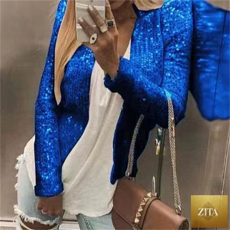 Women's colorblock sequin short jacket by FitiqueFit, casual glam style with vibrant sequins and stylish design.