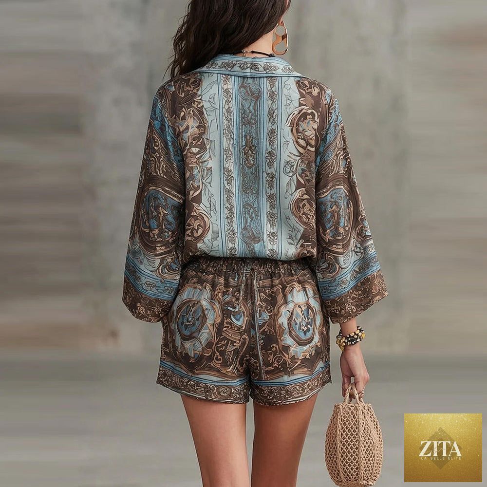 Women's Baroque Medallion Print Batwing Shirt & Shorts Set