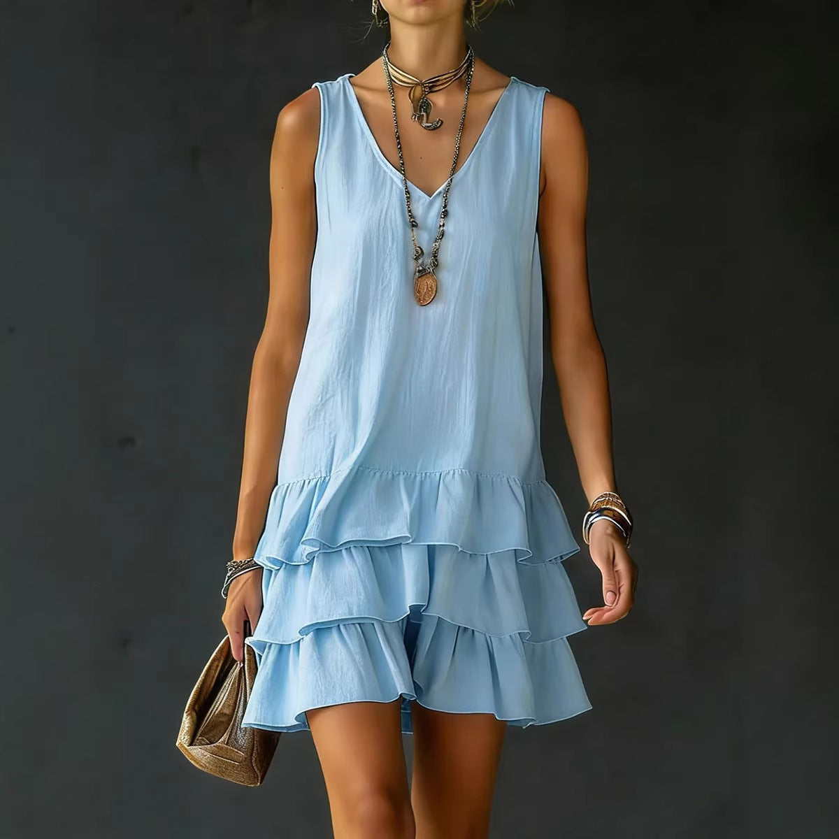 V-neck sleeveless midi dress by FitiqueFit in seven colors, casualwear, displayed on a mannequin with a relaxed fit.