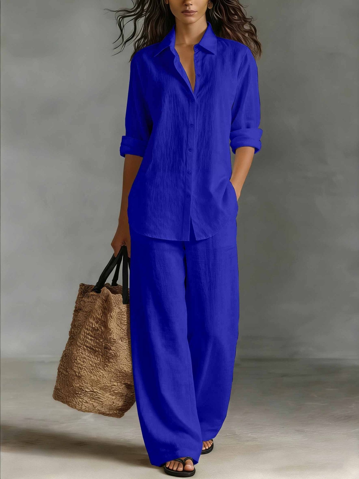 Women's Bohemian cotton-linen top and pants set by FitiqueFit, featuring relaxed fit, lightweight fabric, and boho style.