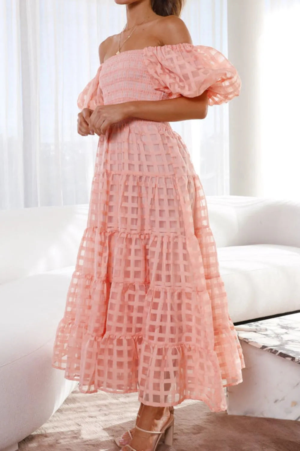 Off shoulder short puff sleeve midi dress by Shopiebay, featuring a flowy silhouette and elegant neckline, perfect for summer occasions.