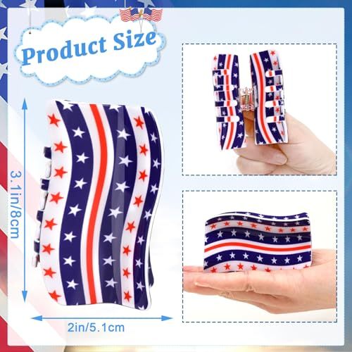 3Pcs American Flag Shaped Claw Clips USA Patriotic 4th Of July Design