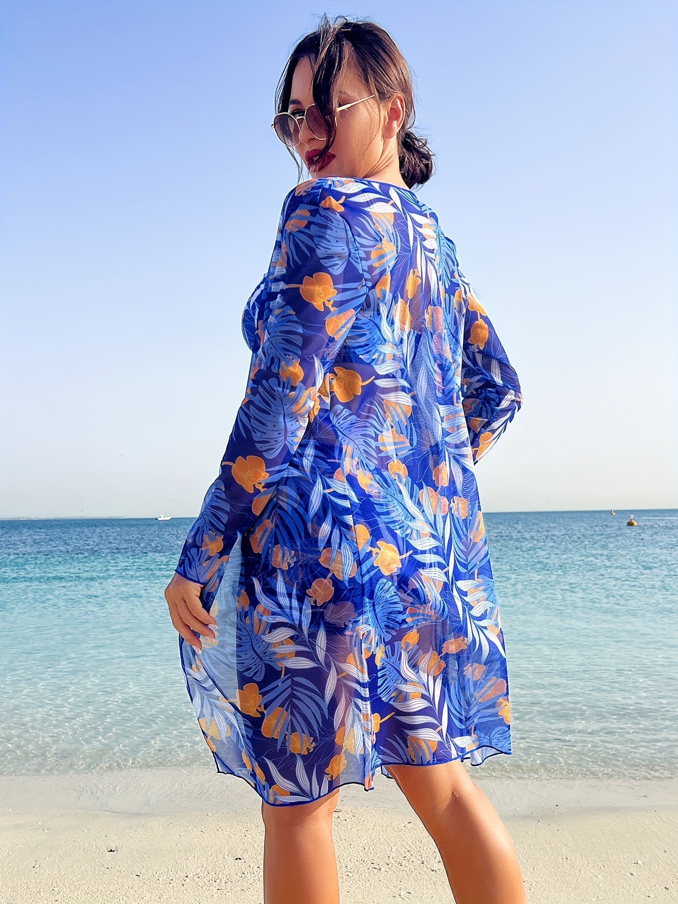 Stevvex Luxe Lines 3-piece geometric bikini set with high rise drawstring bottoms, boxer shorts, and sheer long sleeve kimono cover-up.