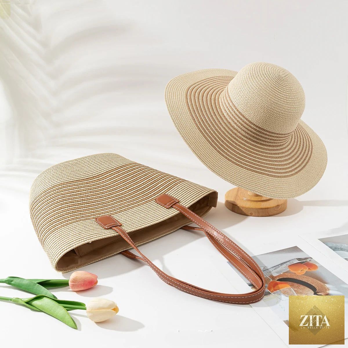 Straw Hat & Tote Set – Beach Vacation Sun Protection Duo, Large Capacity Travel Tote