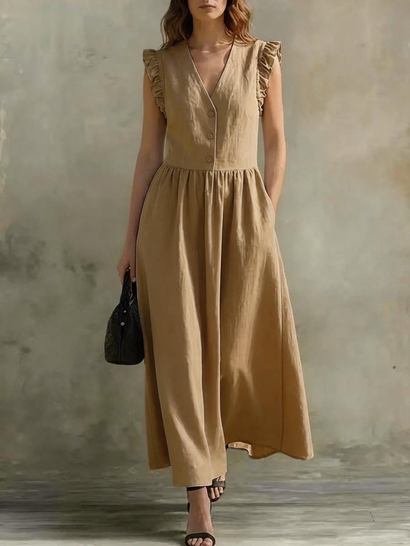 FitiqueFit V-Neck Puff-Sleeve Dress in cotton linen with pockets, available in 7 colors, casualwear for stylish comfort.