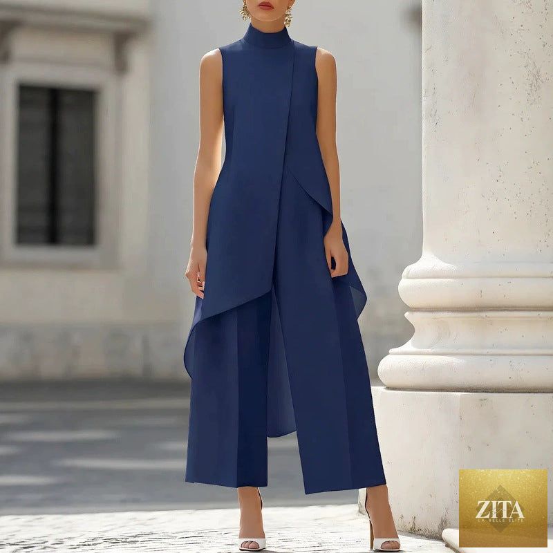 Women's Mock Turtleneck Sleeveless Asymmetric Cascade Drape Longline Top & Wide-Leg Cropped Trouser Set
