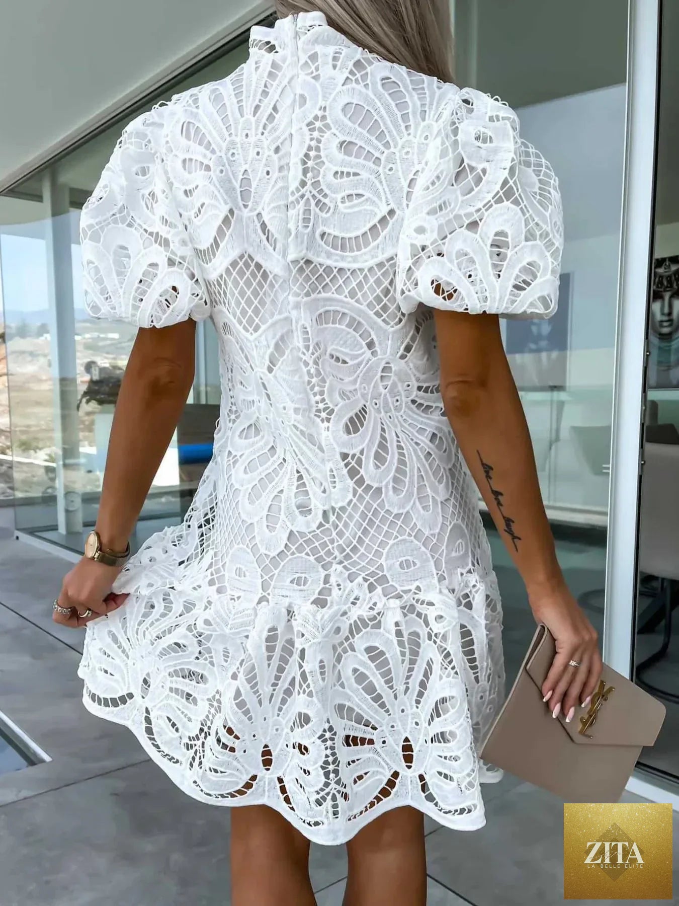 Lace mock neck puff sleeve dress from Shopiebay featuring intricate lace details and a fitted silhouette.