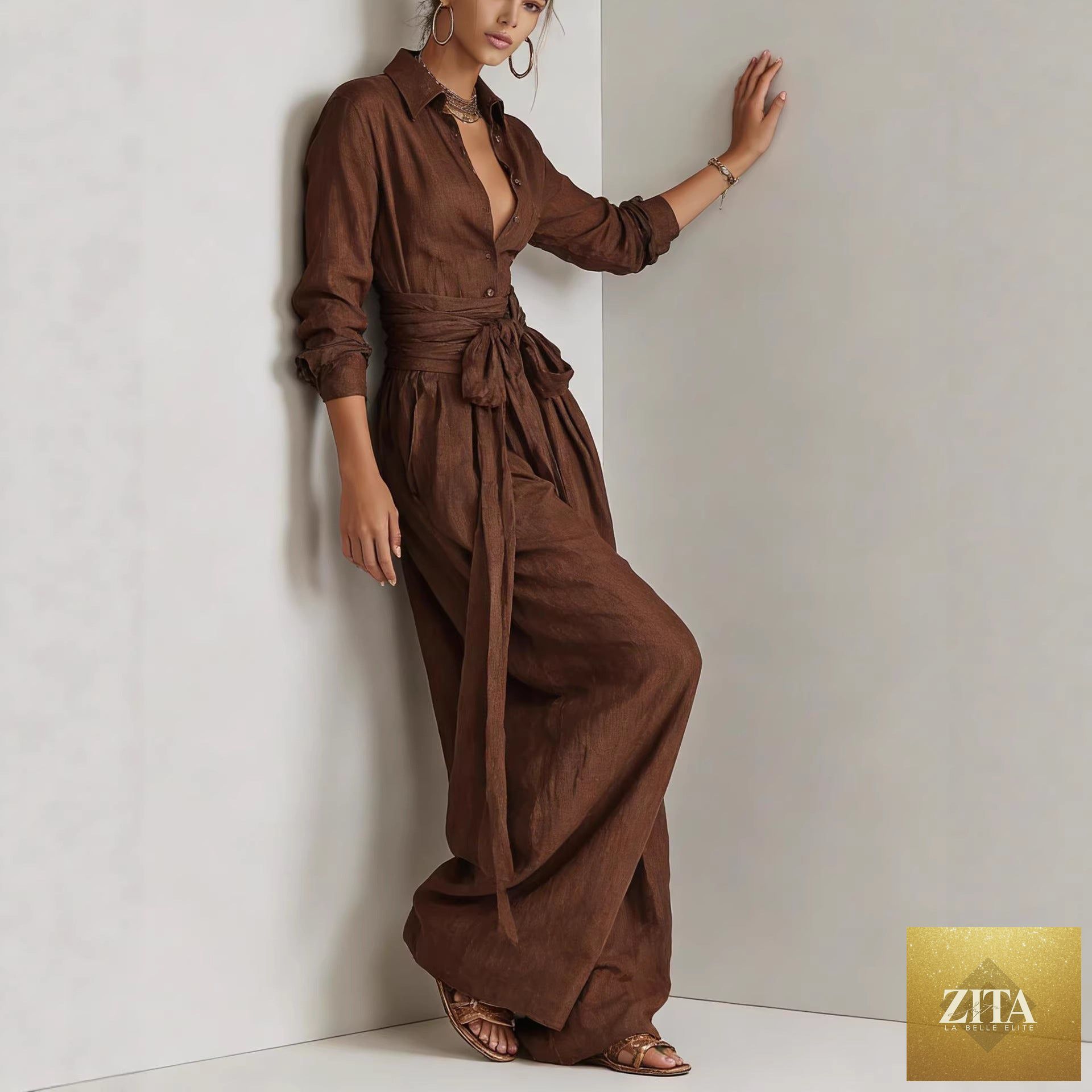 Women's linen long sleeve shirt and high-waist wide-leg pants set by MERIDGE, featuring a tie belt, in a stylish casual outfit.