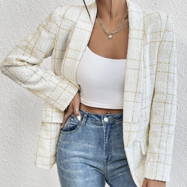 Ladies' Solid Color Linen Fake Pocket Design Fashionable Suit Jacket