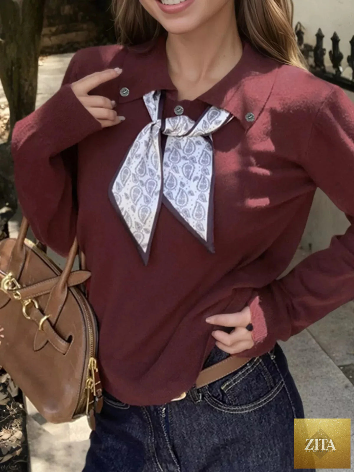 Scarf-Accented Long Sleeve Sweater