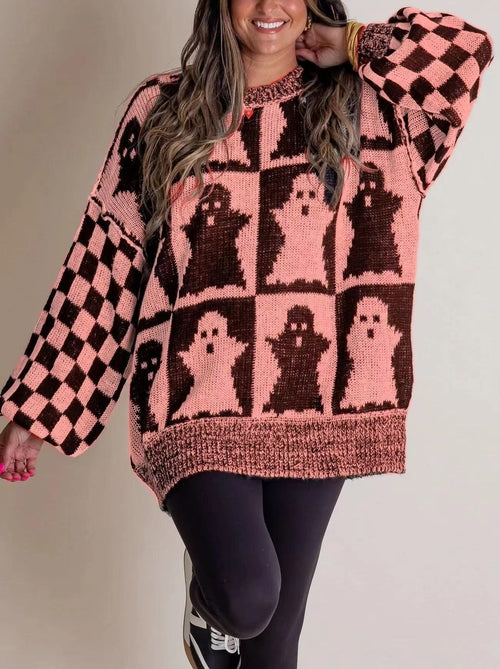 Halloween Cartoon Pumpkin Ghost Sweater Winter Loose Pullover Knitted Crimson Medea