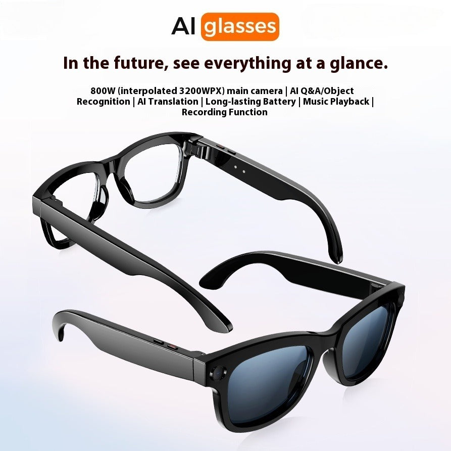 FLIPSTYLEZLLC M01 HD Camera glasses with object identification and AI translation features, showing a person wearing the smart glasses.
