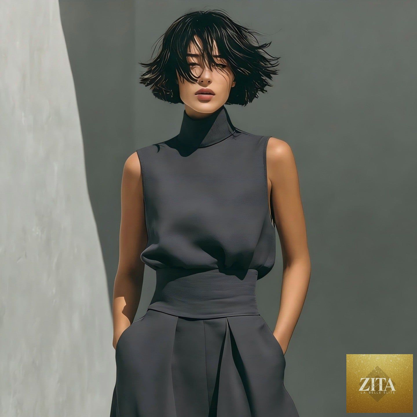 Women's linen-blend high-neck sleeveless top and wide-leg pants set by MERIDGE, shown on a model in a stylish, casual outfit.