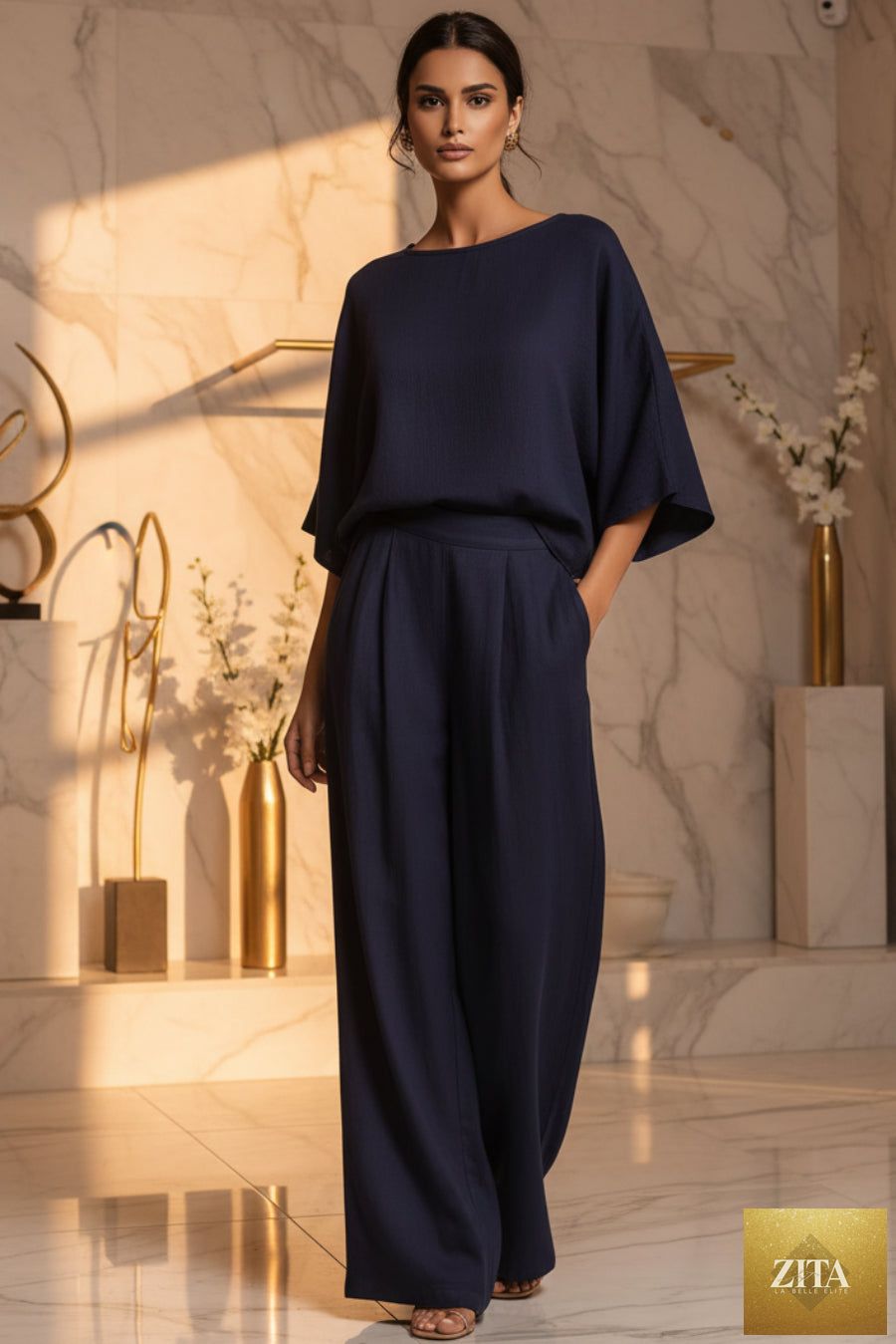 Women's Batwing-Sleeve Top & Wide-Leg Pleated Trousers Two-Piece Set