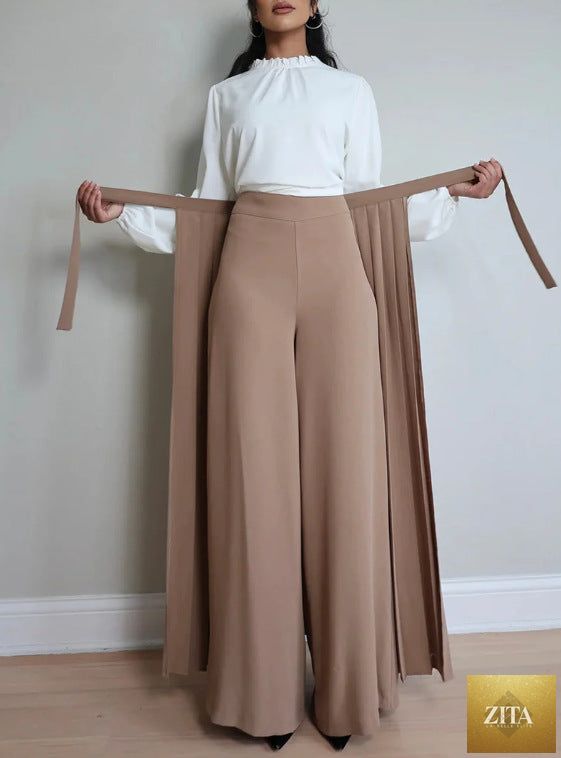 Womens Solid-Color Wide-Leg Pleated Pants With Ties