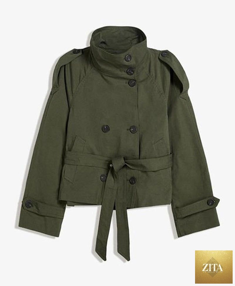 Women’s lace-up waist trench coat by FitiqueFit, stylish jacket with a fitted silhouette and classic lapel design.