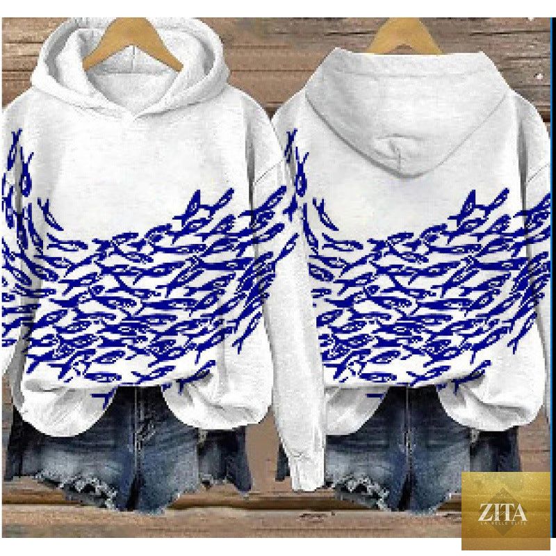 Women’s printed hooded long sleeve pullover sweatshirt by FitiqueFit, featuring colorful floral print and cozy hood.