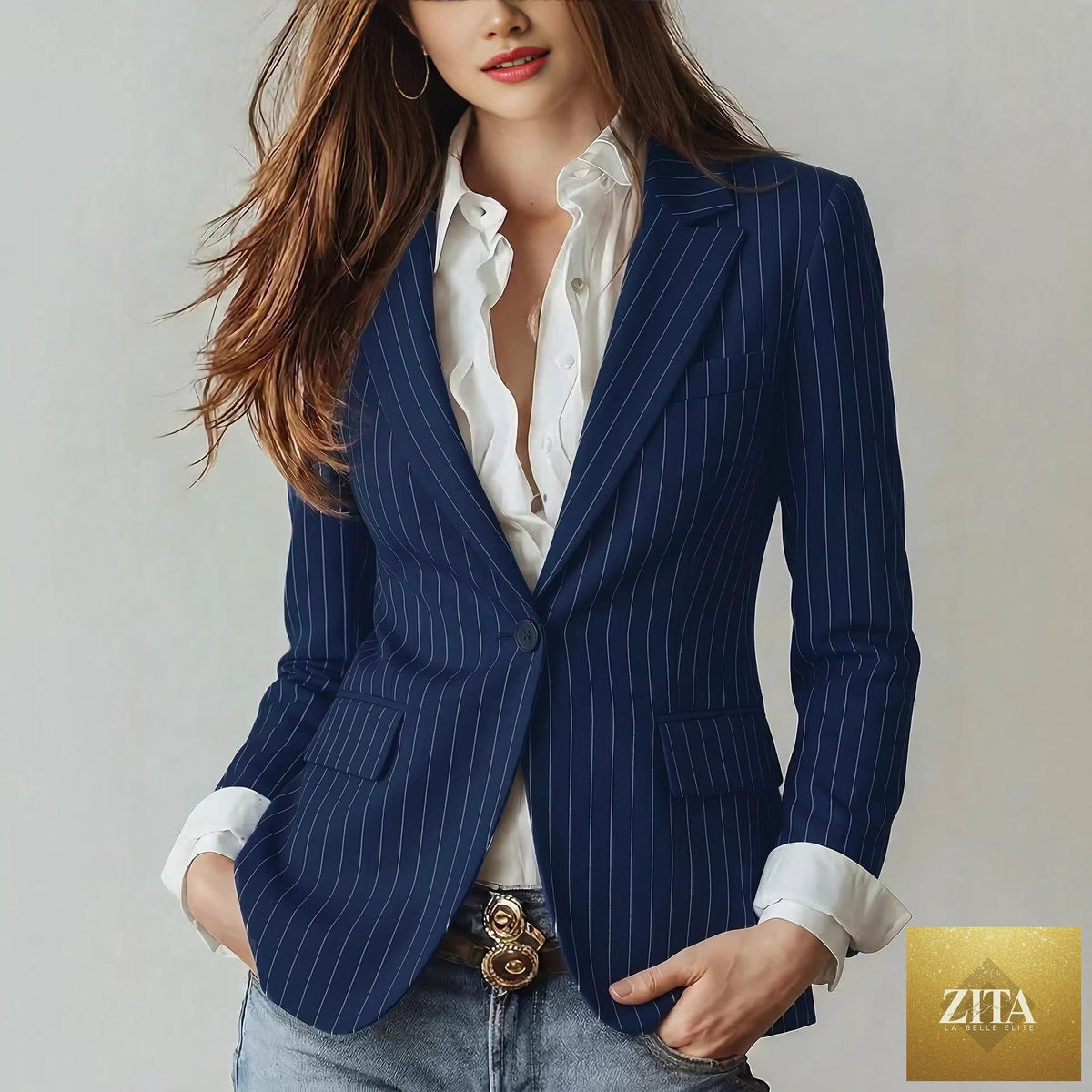 Navy blue striped women's blazer with waist-cinching design and single buckle, slim fit, petite style, tailored for a polished look.