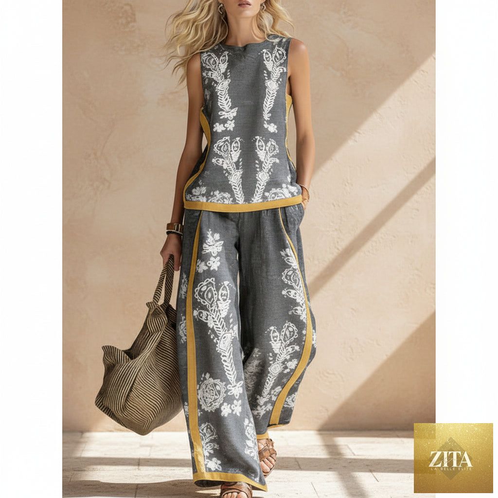 Printed retro sleeveless top and wide-leg pants set by MERIDGE, featuring vibrant 12 print designs in sizes S–5XL.