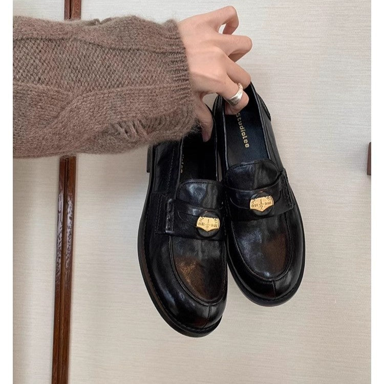 Women's British-Style Gold Coin Loafers by FitiqueFit featuring block heel, leather slip-on footwear with decorative gold coins.