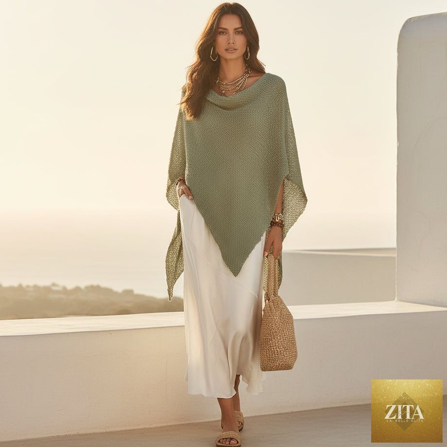 Women's Open-Knit Asymmetric Cape & Ruched V-Neck Fluid Maxi Dress Set
